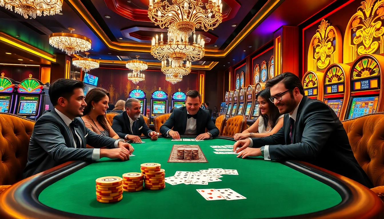 Players engaging in a strategic poker game at a luxurious casino, highlighting https://f8beta2.support/ and vibrant chips.