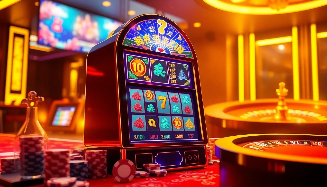 Experience the thrill of nổ hũ kkwin with vibrant slot machines and roulette in a luxurious casino.