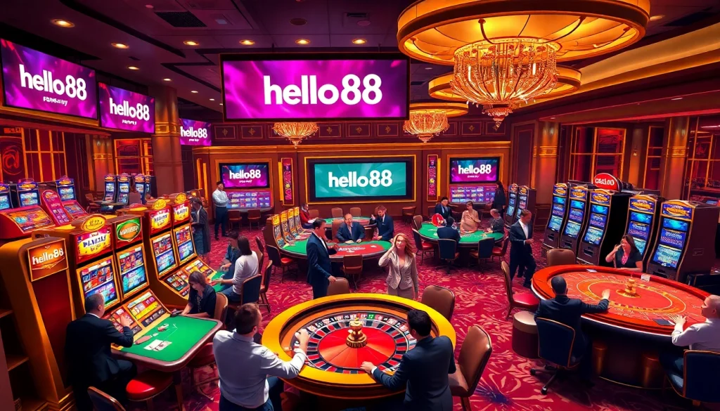 Hello88 casino scene featuring excited players at tables and slot machines.