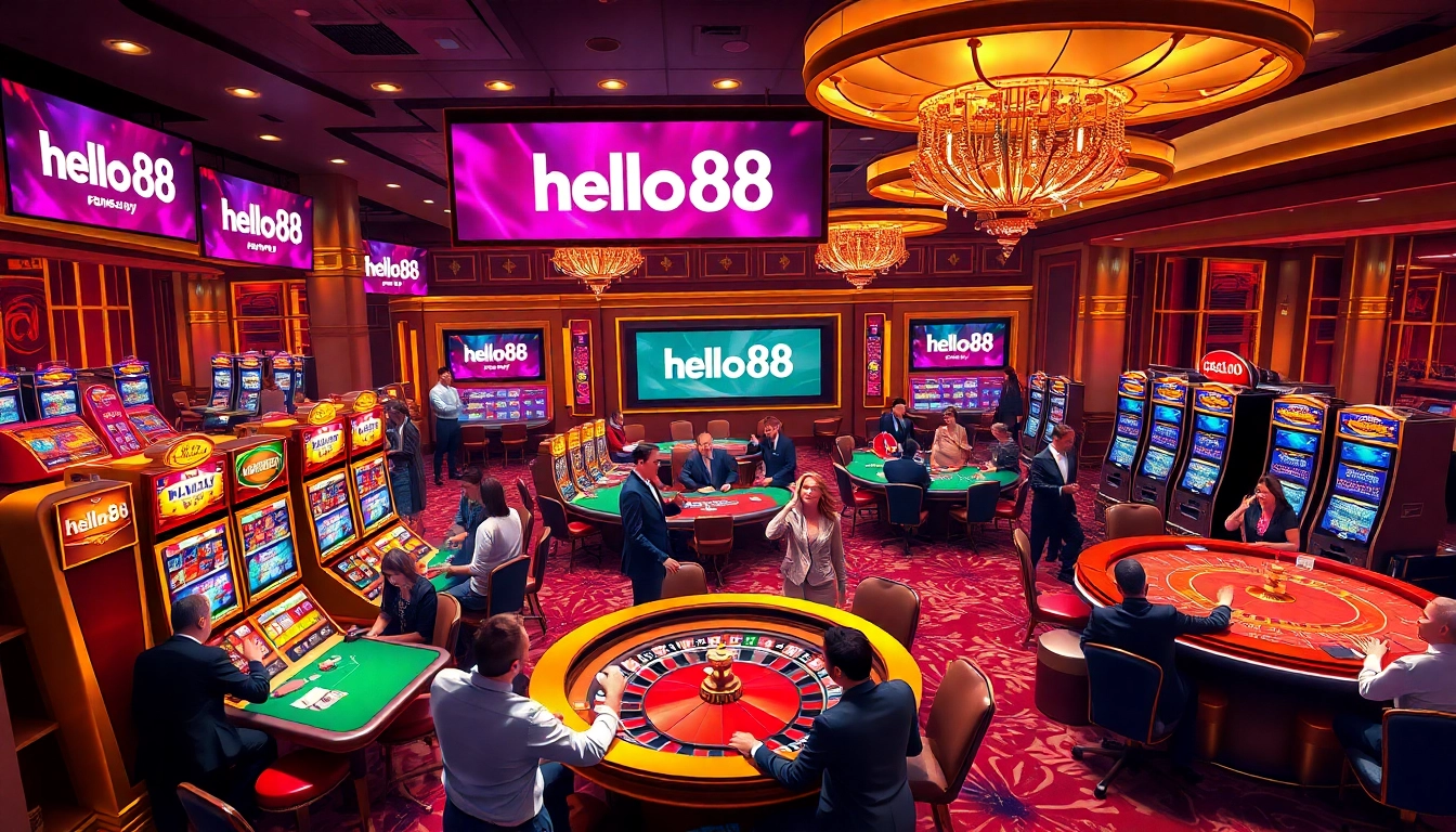 Hello88 casino scene featuring excited players at tables and slot machines.