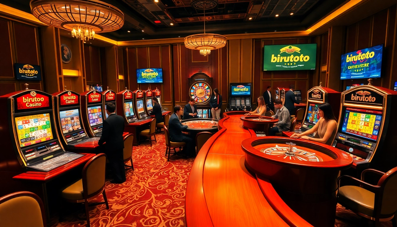 Mainkan permainan slot yang mendebarkan di Birutoto dalam suasana kasino mewah.