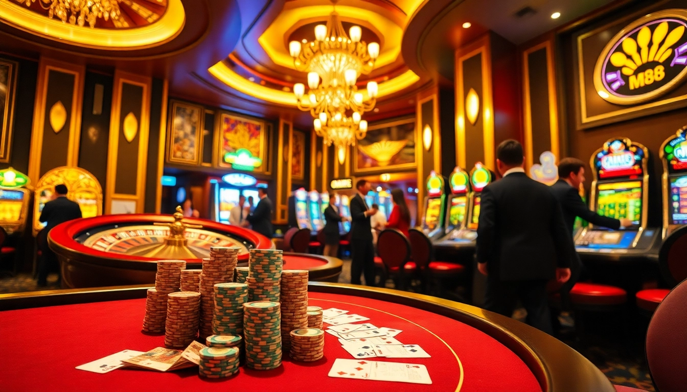 Experience the excitement of MM88 with a vibrant casino scene featuring poker and roulette games.