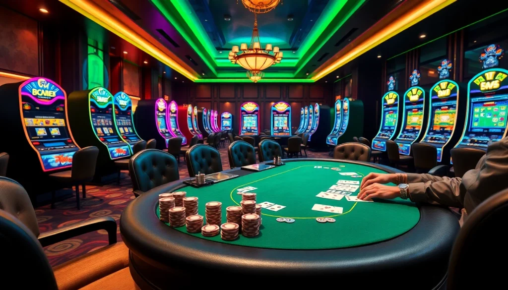Experience thrilling gameplay at 789bet's luxurious casino with poker tables and vibrant slots.
