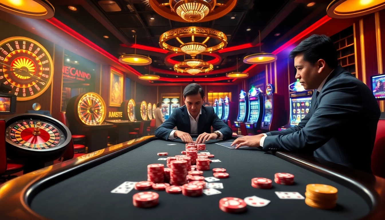 Experience the excitement of gaming at MM88, featuring a dynamic casino atmosphere filled with vibrant tables.