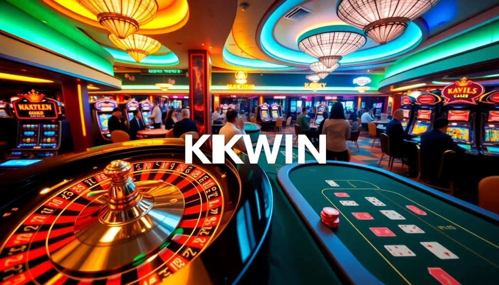 Experience top-tier gaming action at KKWIN casino with vibrant tables and spinning slot machines.