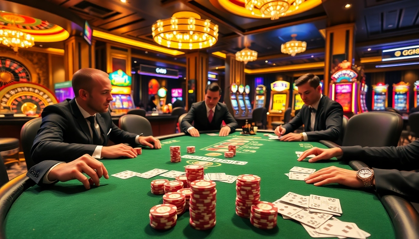Join the action at GG88 casino, where players strategize at poker tables filled with vibrant chips and cards.