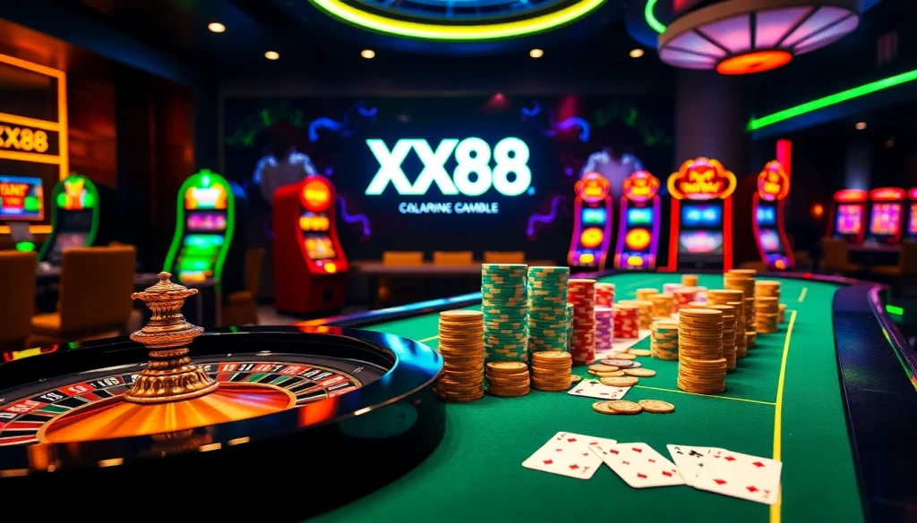 Gameplay at xx88 casino featuring vibrant slot machines and poker cards.