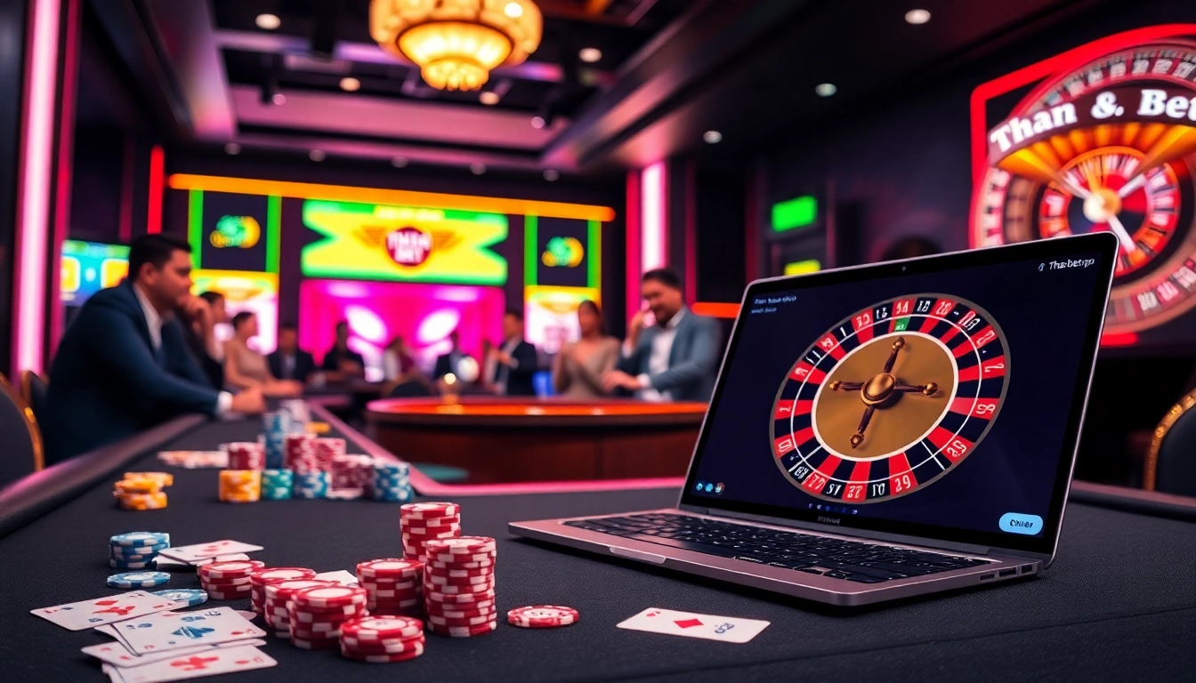 Experience thrilling gaming at https://tha-bet.pro/ featuring vibrant poker chips and a roulette wheel.
