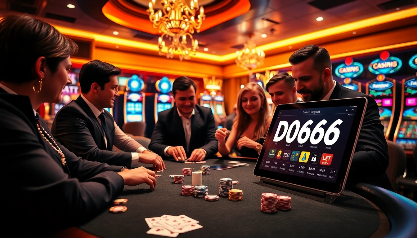 Gamblers enjoying a poker game at a luxurious casino, featuring elements from https://do666.at.