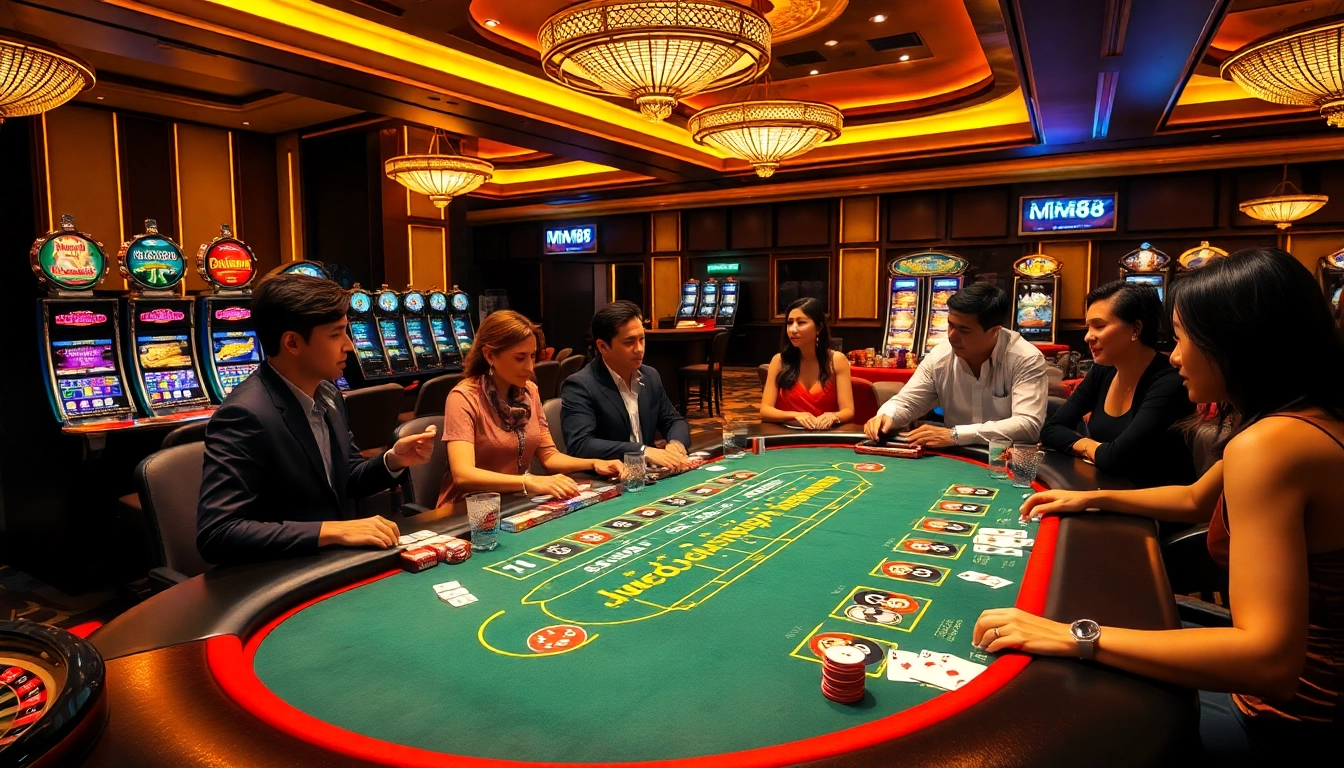 Experience the thrill of gambling at Trang chủ MM88 with vibrant casino tables, excited players, and stunning slots.