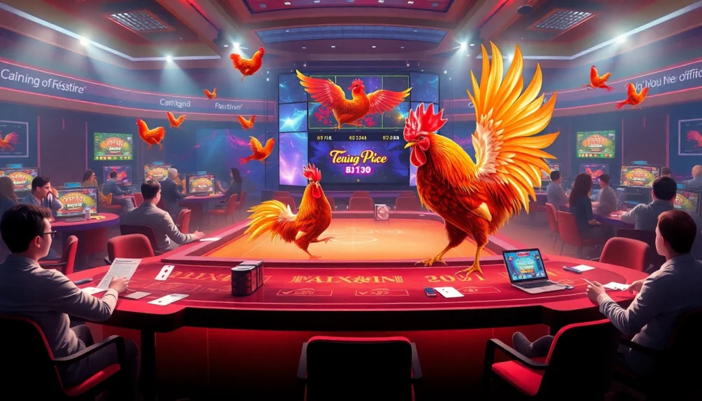 Gambling excitement illustrated through Đá Gà BJ38 action at a luxurious online casino setting.