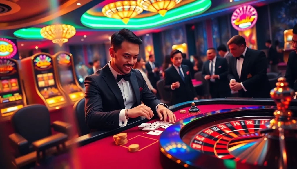 MM88 players enjoying a thrilling game of blackjack with vibrant casino ambiance.