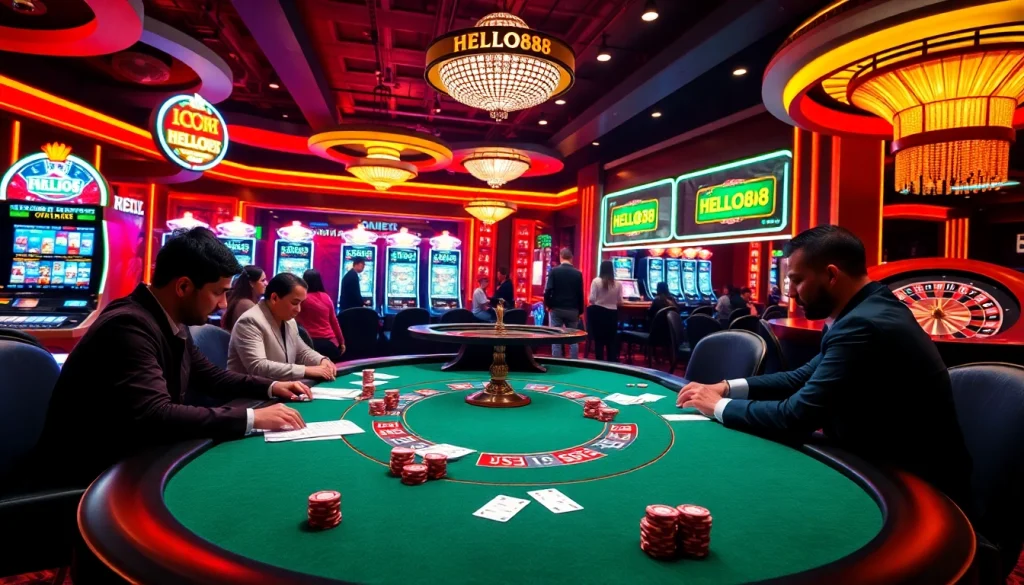 Hello88 elevates gambling excitement at a luxurious poker table with vibrant casino visuals.