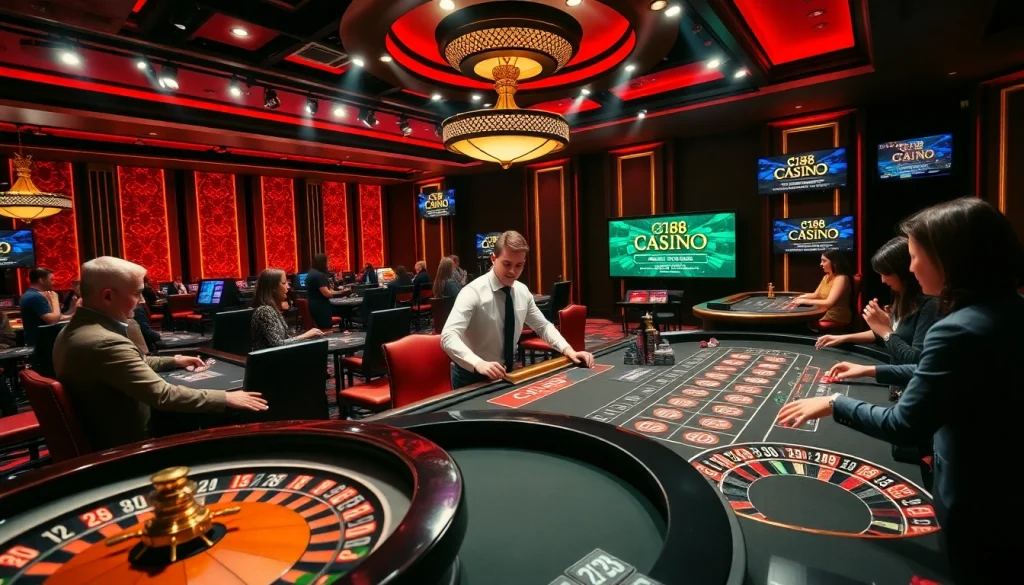 C168 casino gaming scene with professional dealers and vibrant tables showcasing excitement.