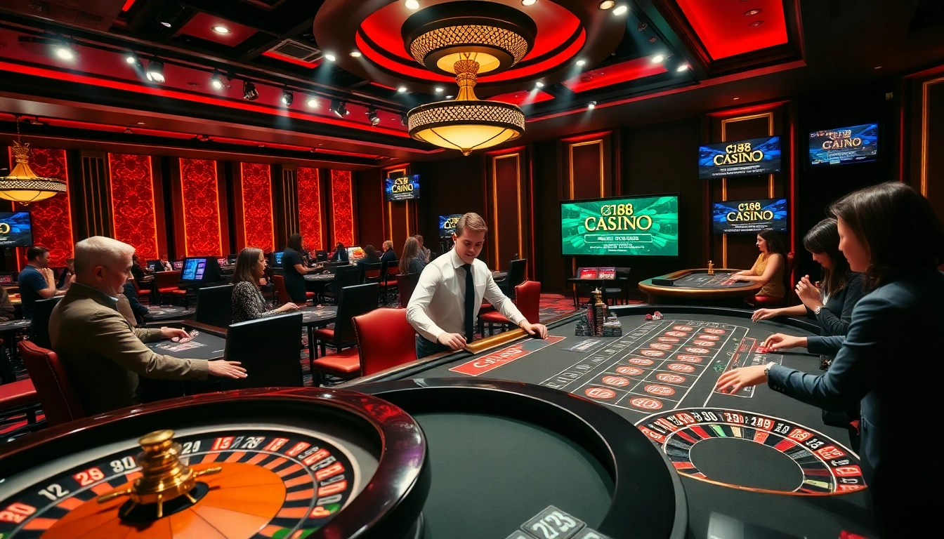 C168 casino gaming scene with professional dealers and vibrant tables showcasing excitement.