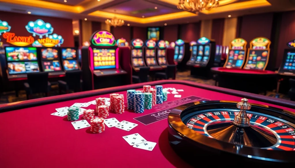 Experience thrilling casino action with a vibrant gaming setup at https://mm88.nl/ showcasing poker chips and a roulette wheel.