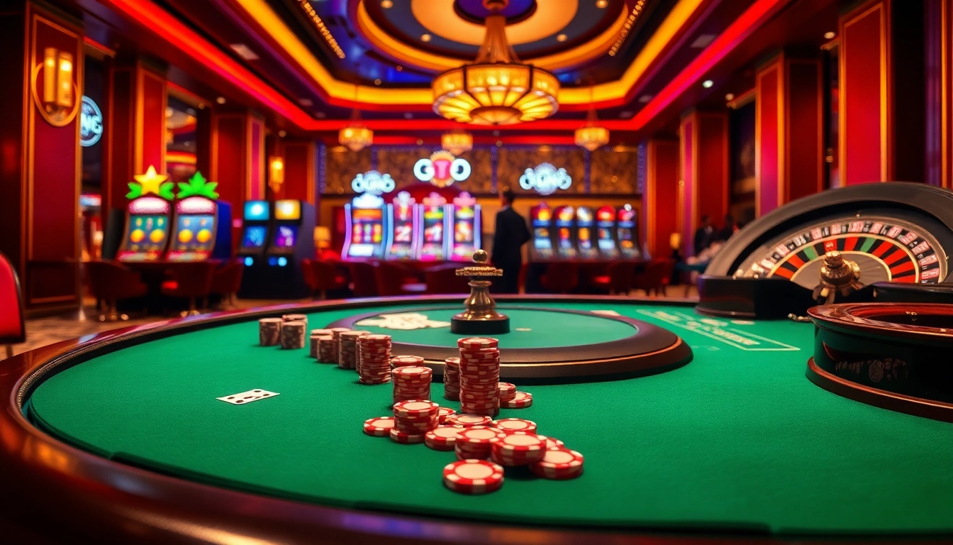 Experience the thrill of gaming at https://kk55.group with vibrant poker chips and roulette wheels.
