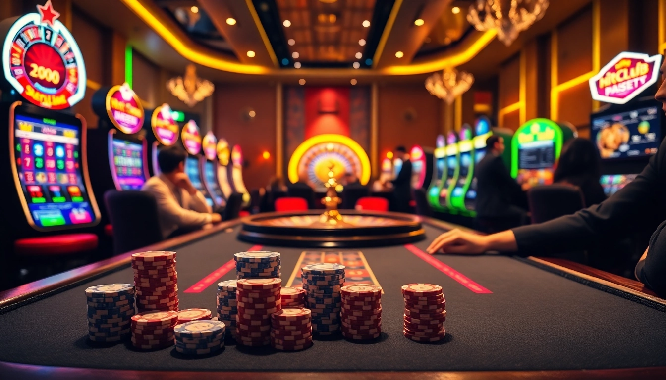 Experience the excitement of tải hitclub with a vibrant casino scene featuring poker players and slot machines.