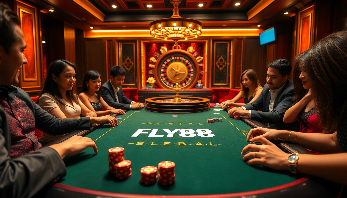 Players enjoying a high-stakes game at the FLY88 casino poker table, surrounded by luxurious decor and vibrant energy.