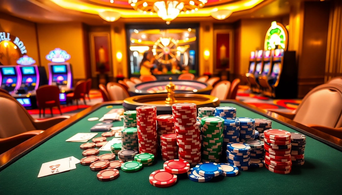 Play at VJ88 casino with vibrant poker chips and an exciting roulette table.