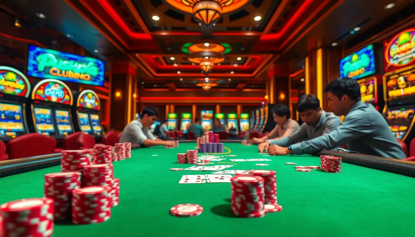 Experience the thrill of Pushpa Club in a luxurious casino scene with poker chips and vibrant slot machines.