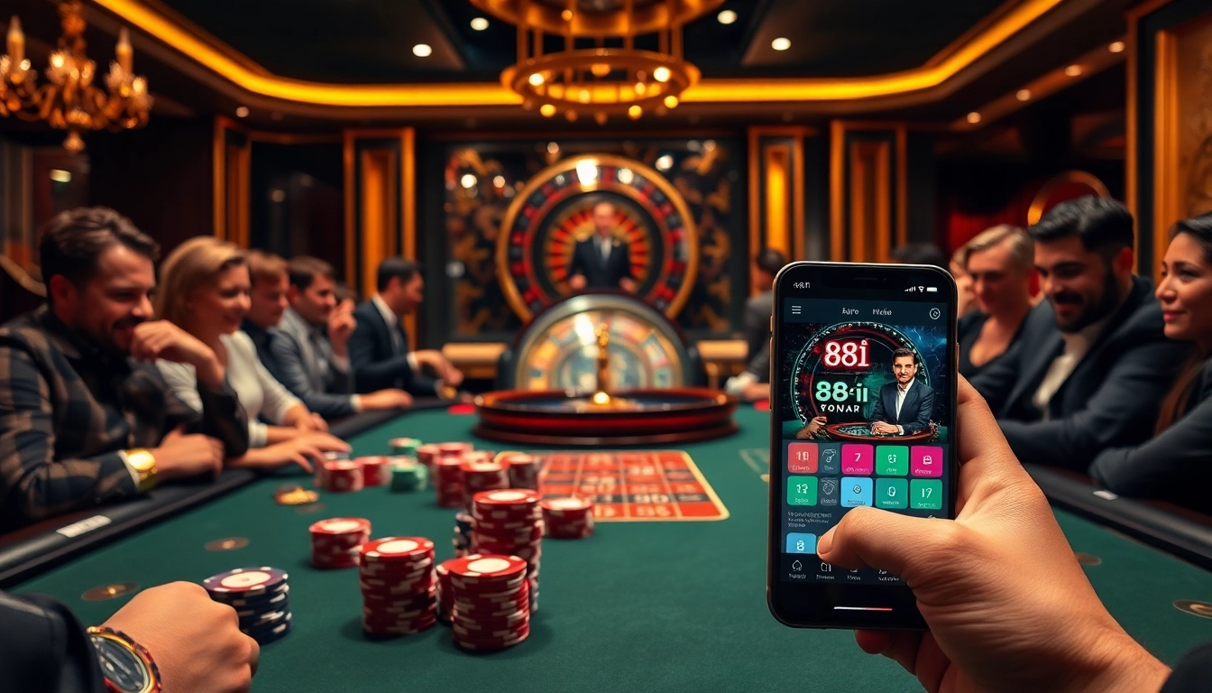 Players enjoying a high-stakes game at a casino table with 88i mobile app on a smartphone.