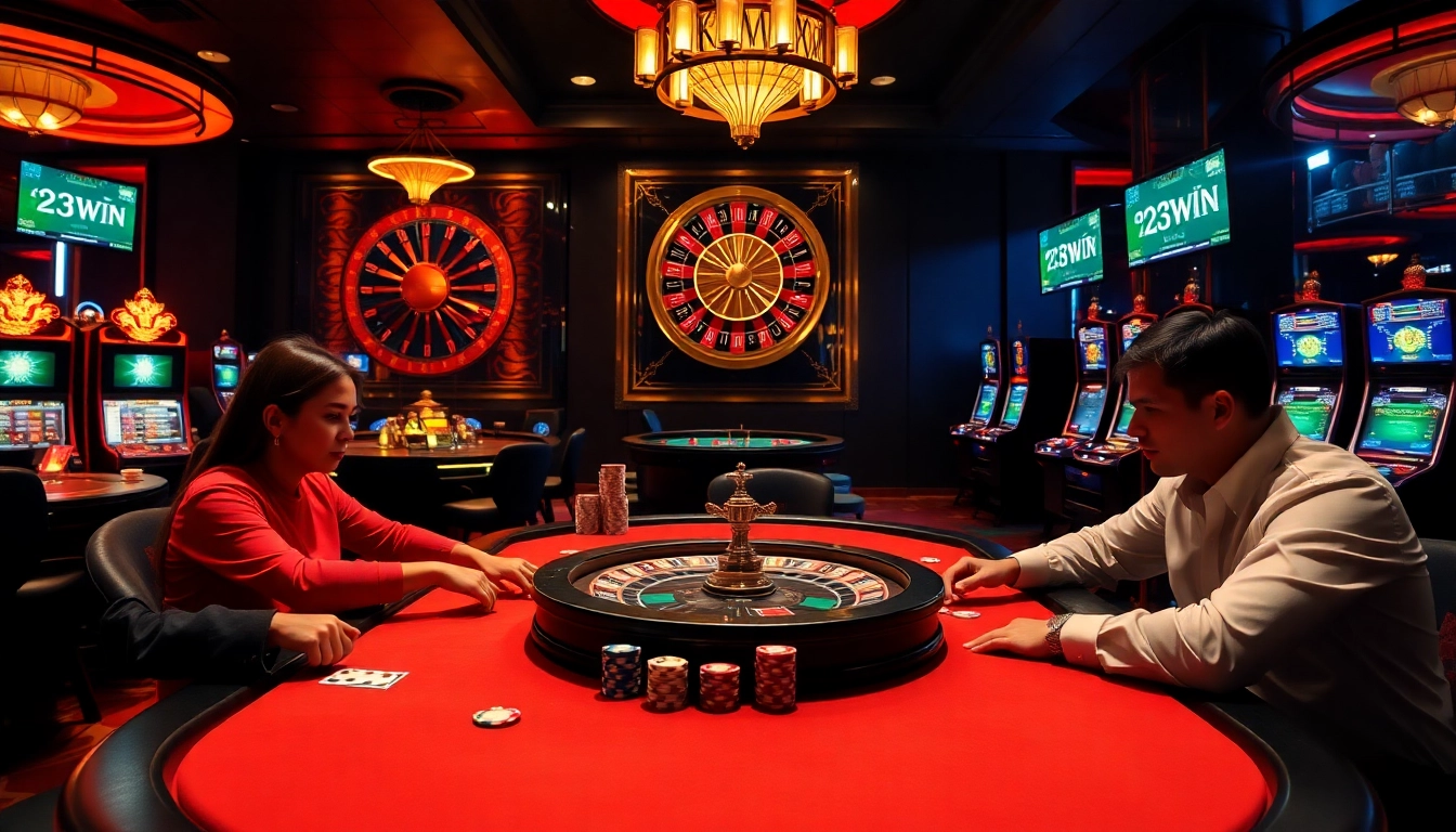 Experience thrilling gameplay at 23win with a vibrant casino scene featuring poker and roulette.