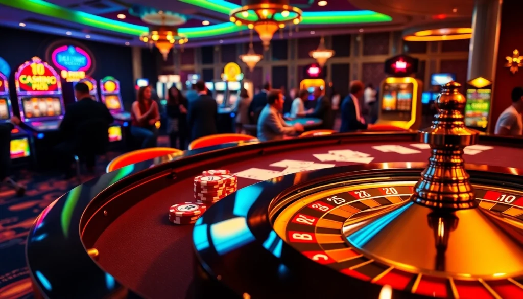 Engage with thrilling games at http://8kbet.ink/ featuring poker chips and roulette wheels in a vibrant casino atmosphere.
