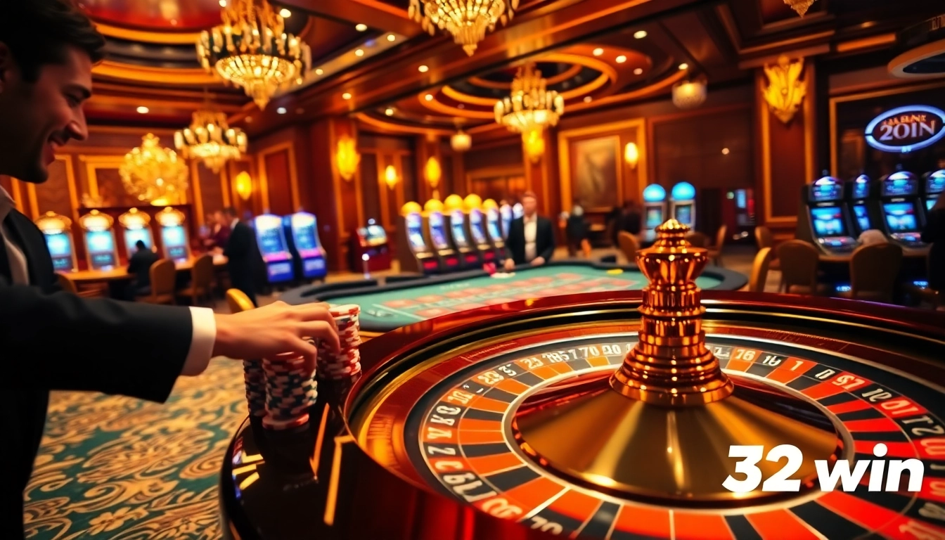 Experience thrilling gameplay at 32win with vibrant poker chips and a spinning roulette wheel.