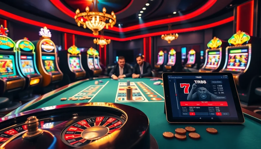 Experience the excitement of TR88 with vibrant casino visuals featuring slot machines and poker tables.