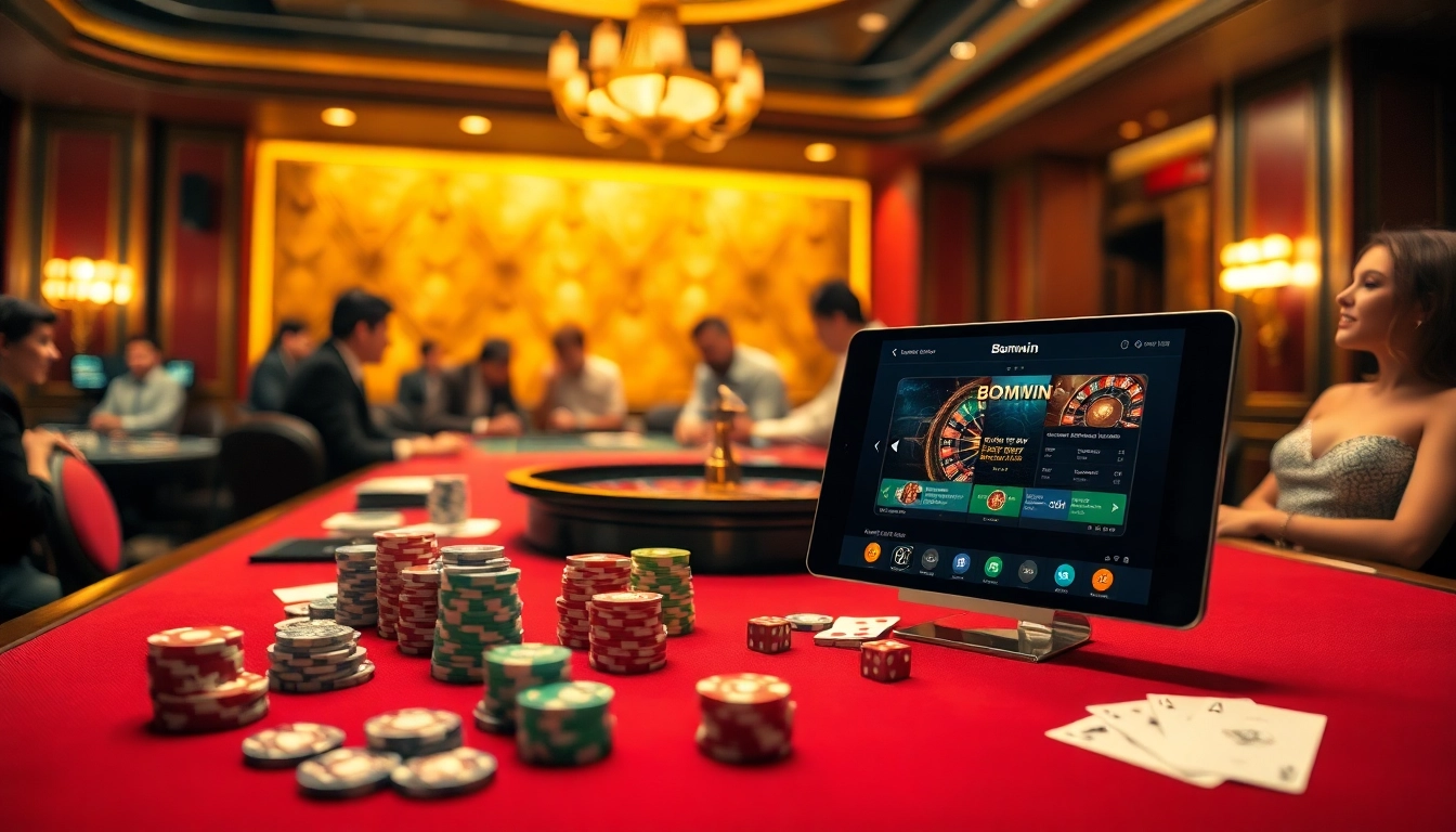 Experience the thrill of Đăng nhập bomwin at a luxurious casino table with vibrant gaming elements.