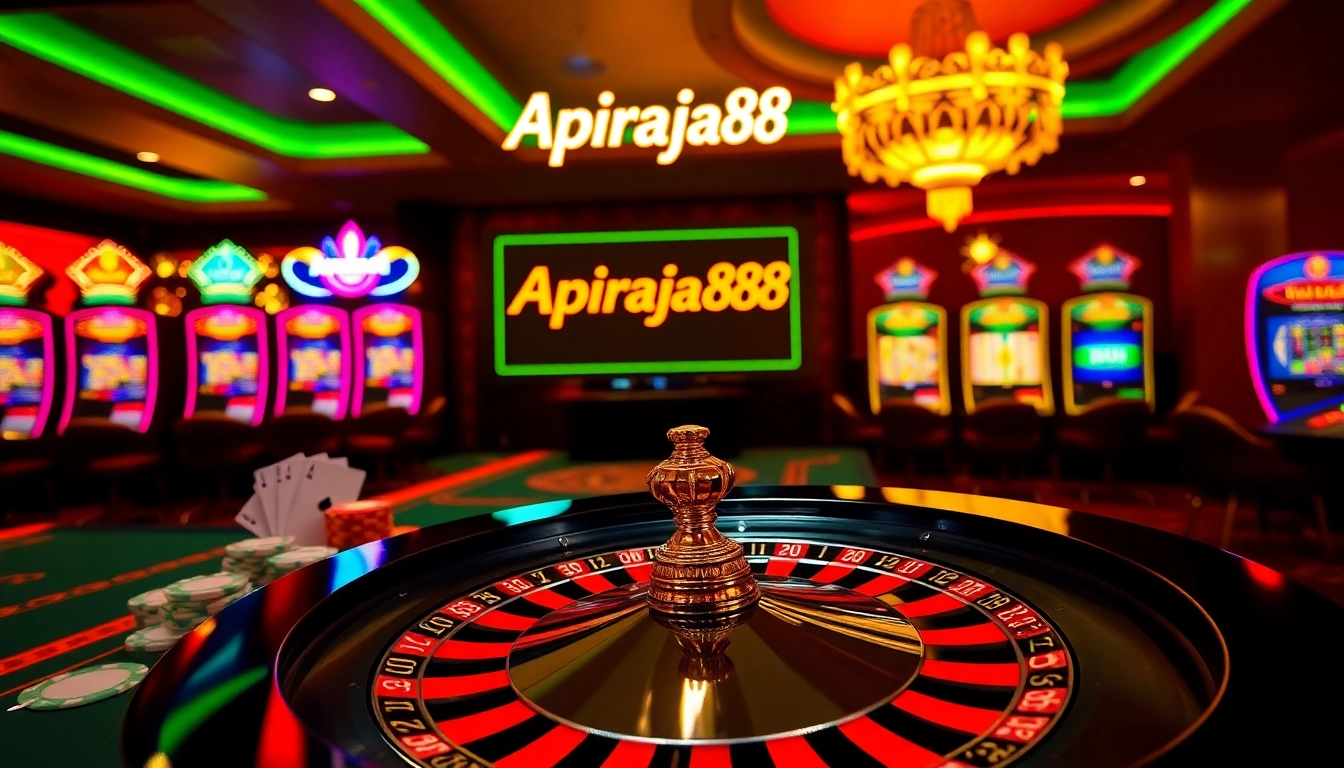 Engaging scene showcasing Apiraja88 casino action with roulette, poker chips, and vibrant slot machines.