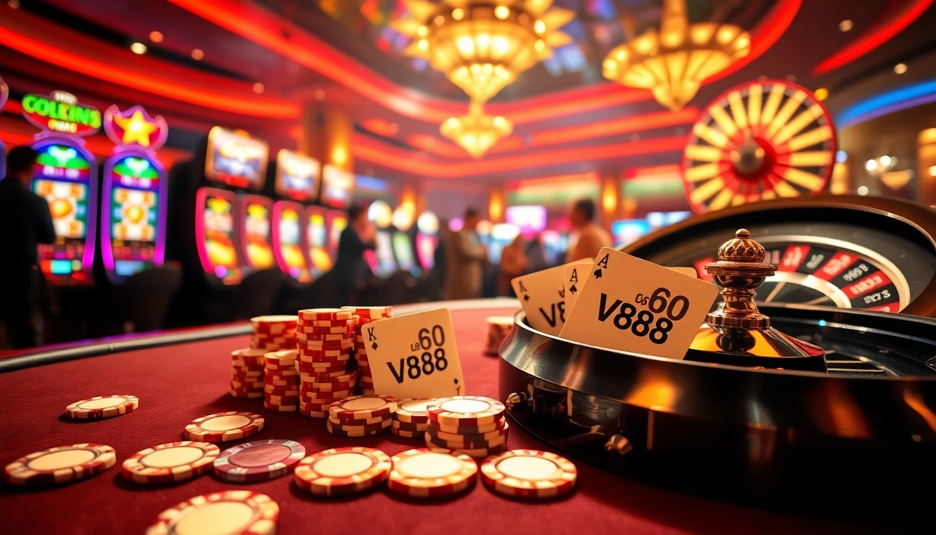 Engage with the thrilling environment of VB88 at a vibrant casino, showcasing poker chips and slot machines.