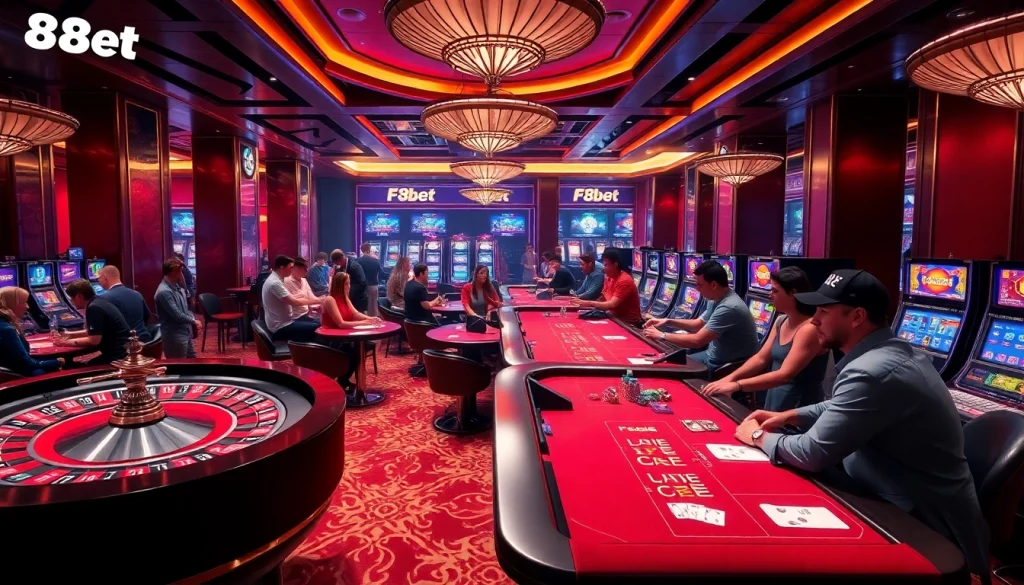 F8bet players engaging at vibrant casino tables with roulette and slot machines.