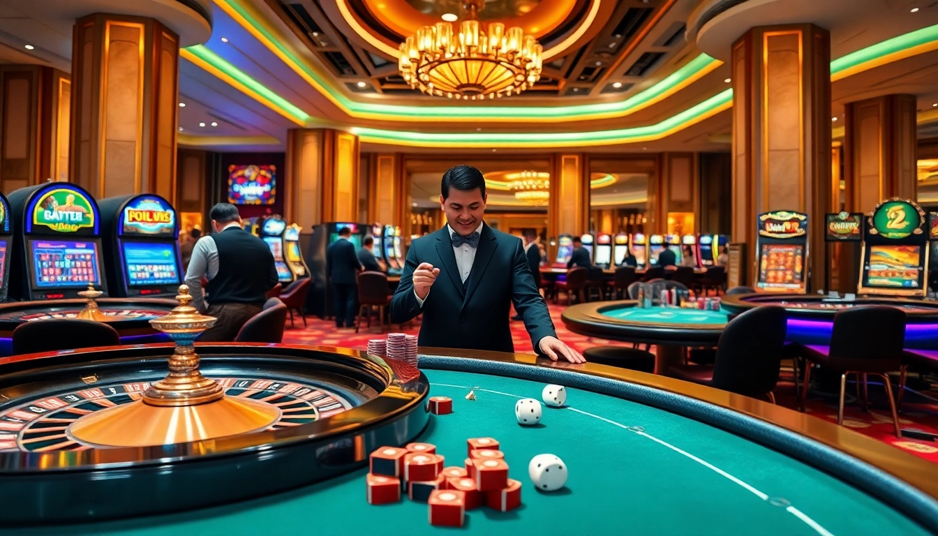 Players enjoying a thrilling game at Nhà Cái LV88, featuring luxurious casino tables and vibrant ambiance.