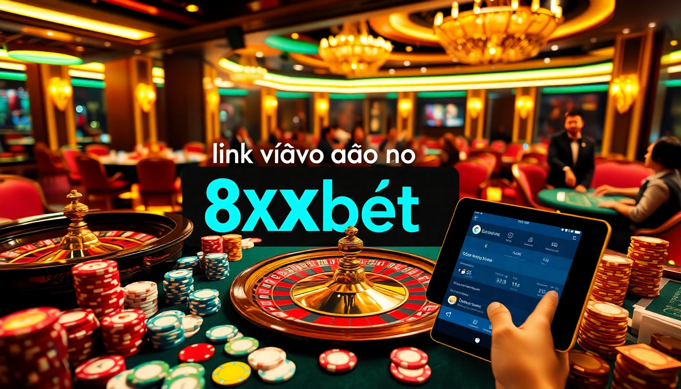 Exciting casino scene featuring poker and roulette with the keyword link vào 8xbet showcased prominently.