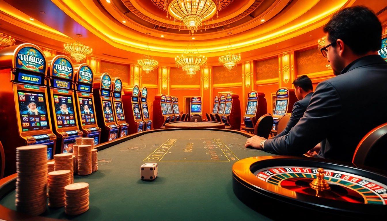 Experience the excitement of thabet with vibrant casino scenes featuring poker, slots, and gambling action.