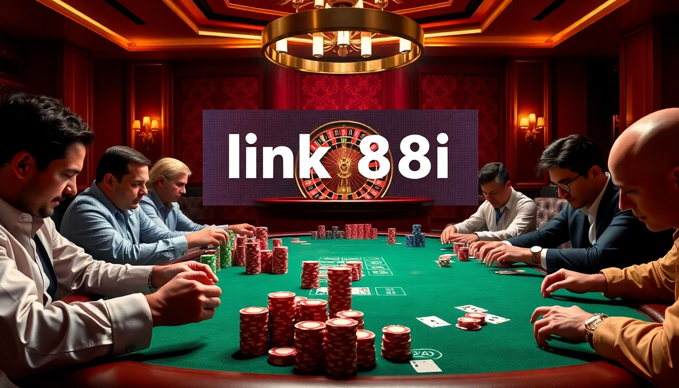 The excitement at a poker table showcasing players and chips, highlighting link 88i for online betting.