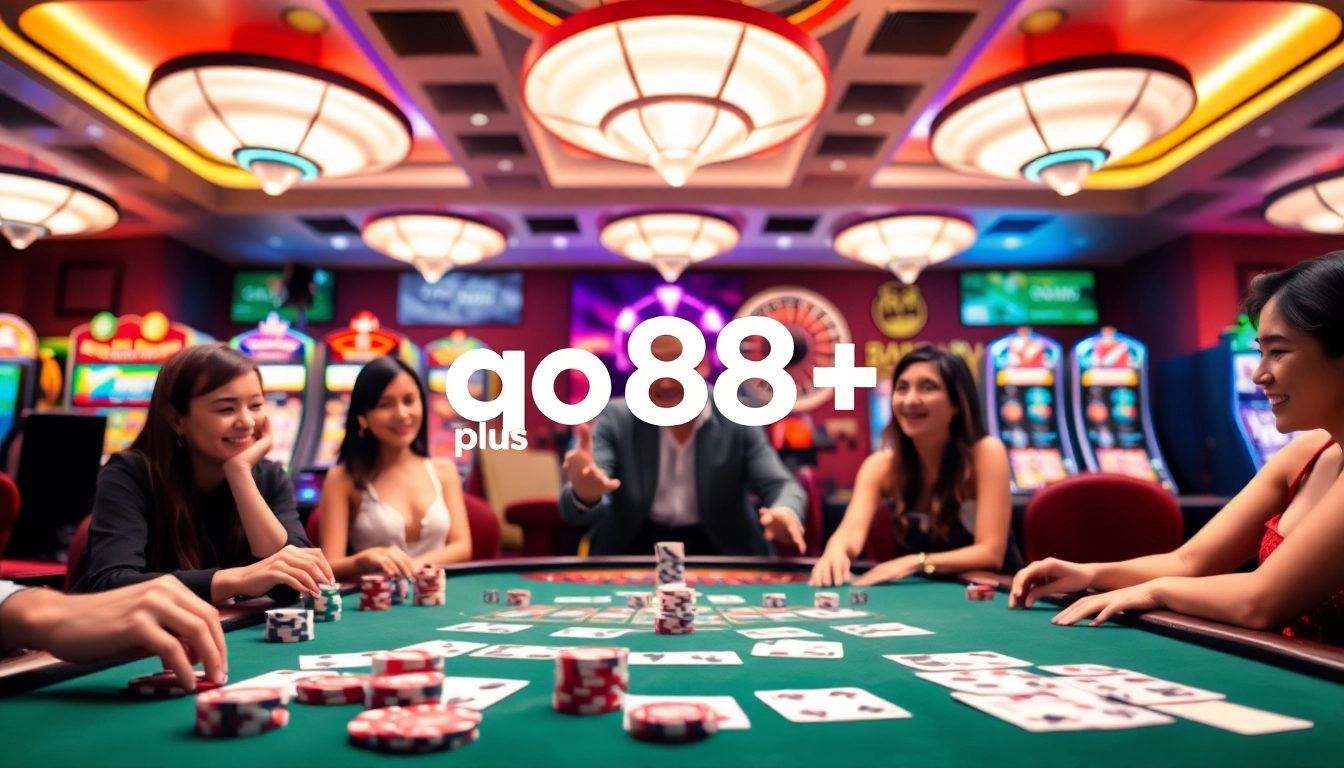 Experience high-stakes gameplay with go88 plus at an elegant casino table surrounded by vibrant slot machines.