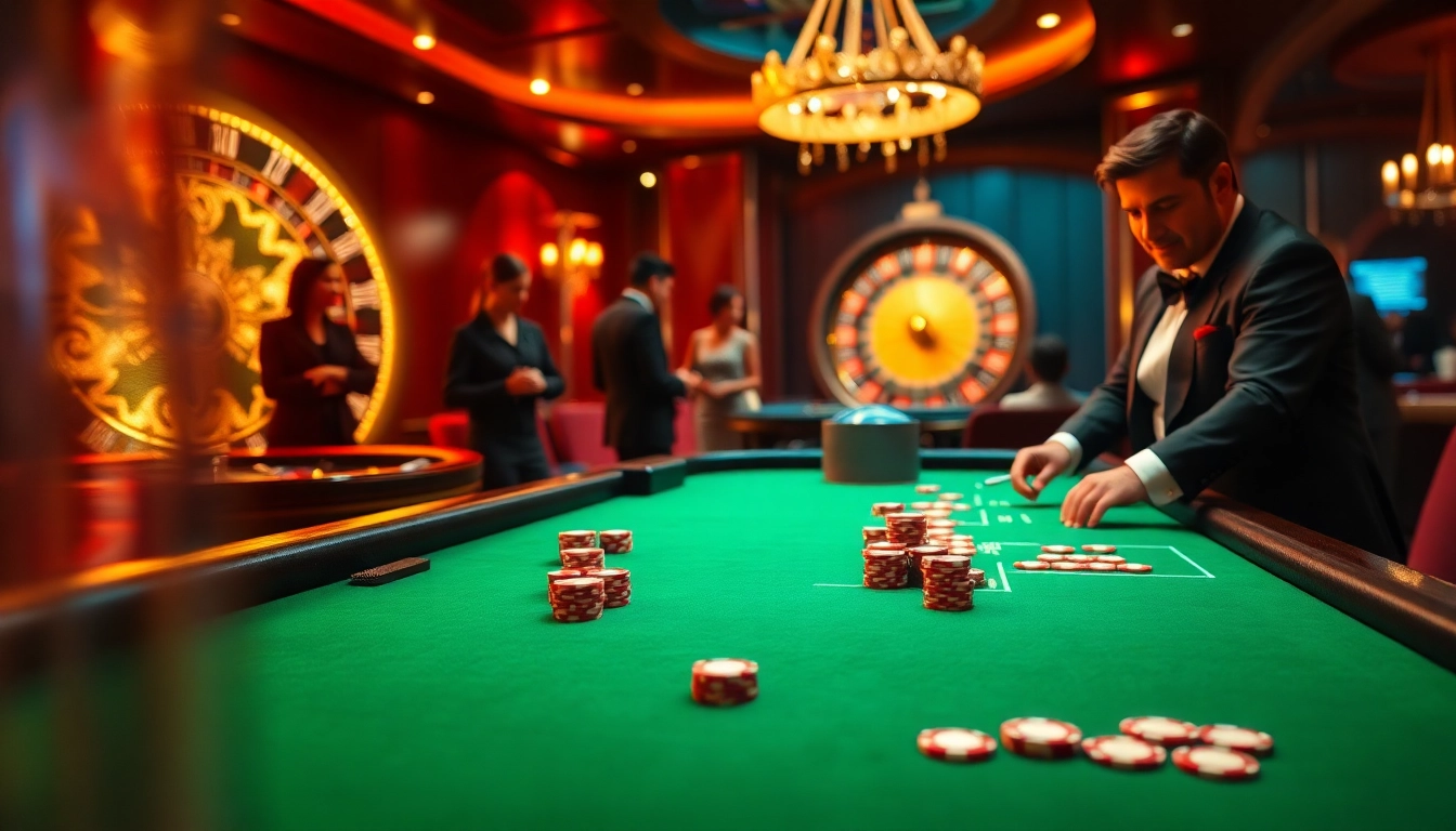 Experience the thrill of lc88 with a luxurious casino scene featuring vibrant poker chips and a roulette wheel.