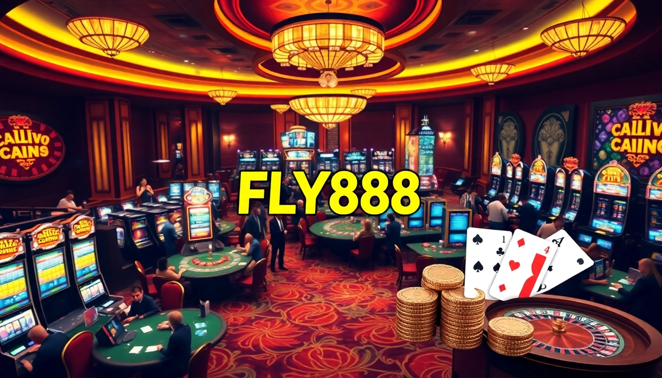 Experience thrilling gaming with FLY88 Link in a luxurious casino setting featuring vibrant slot machines.