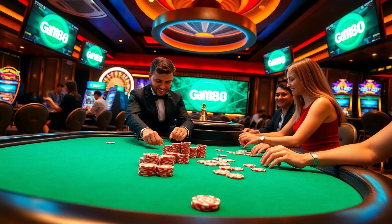 Experience the excitement of game tt88 at a vibrant casino scene with poker tables and roulette.