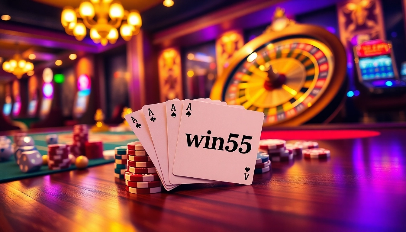 Engaging casino scene with win55 poker chips and cards on a professional gaming table.