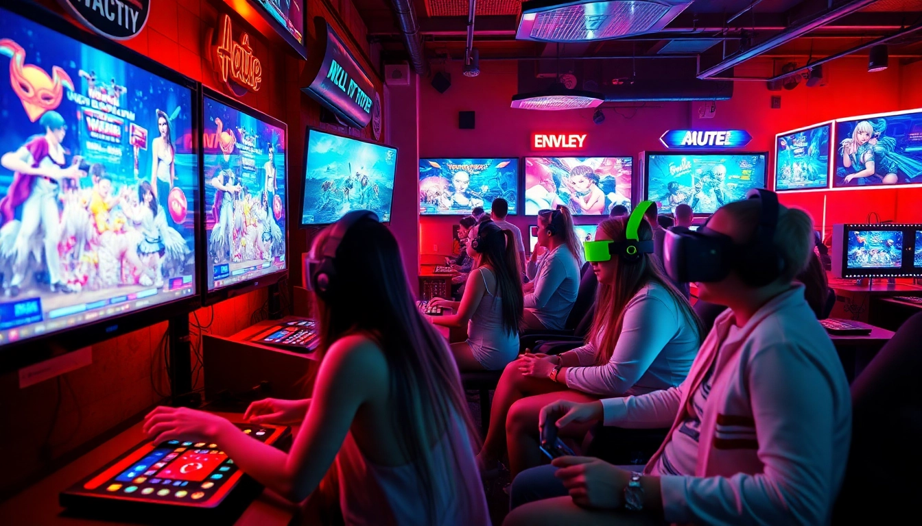 A dynamic gaming scene featuring engaging porn games with vivid characters and vibrant displays.