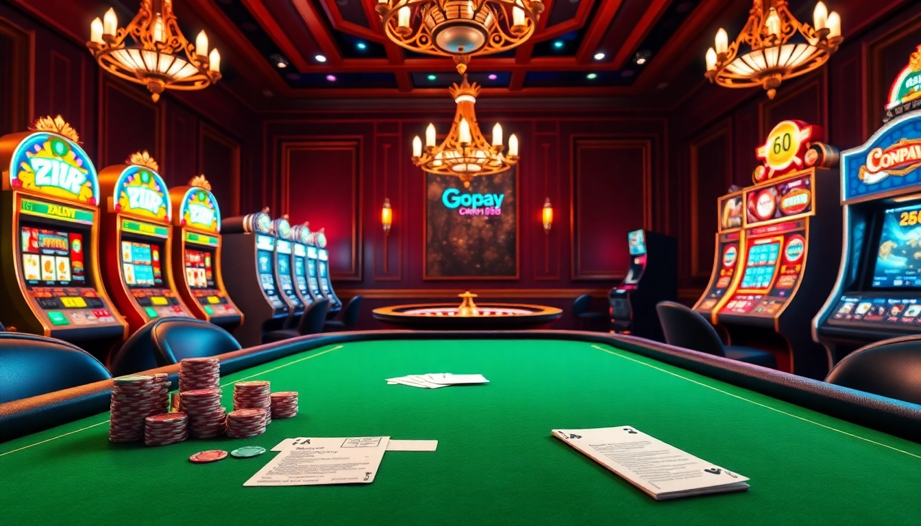 Engage with Gopay88 at a vibrant casino table featuring poker chips and cards.