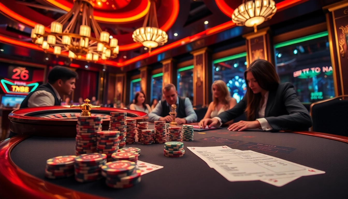 Exciting poker players enjoying the latest updates on tin tức xn88 at a luxurious casino table.