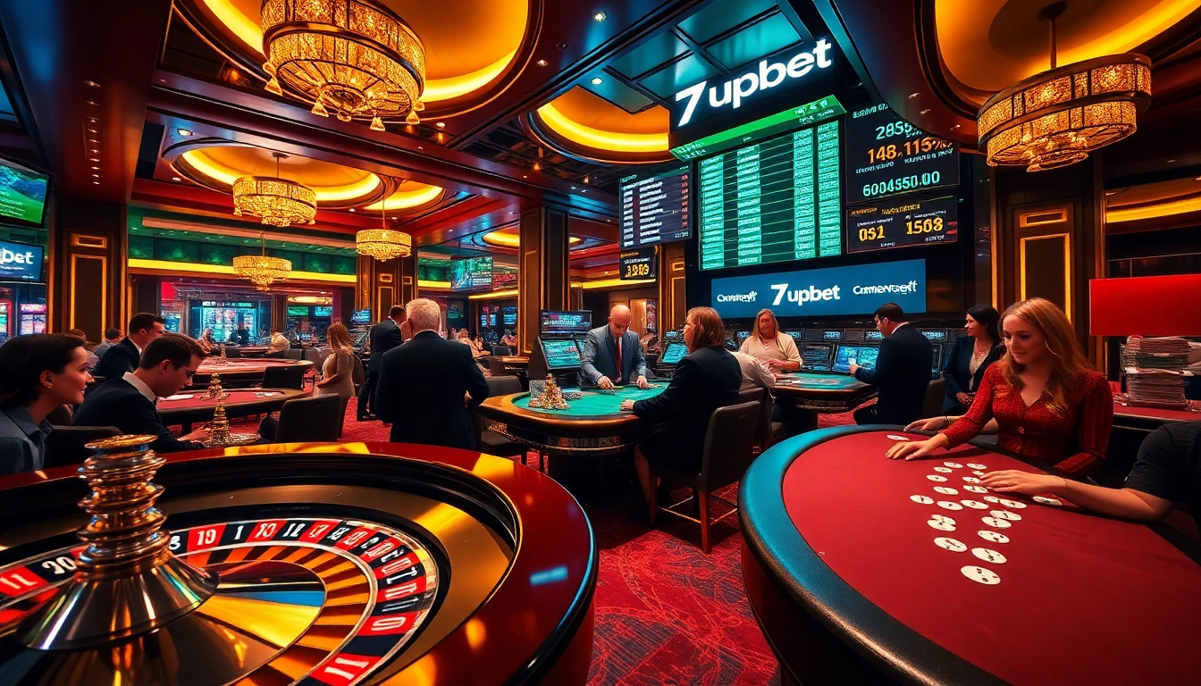 Feeling the thrill of betting at 7upbet with a bustling casino atmosphere filled with poker tables and roulette.