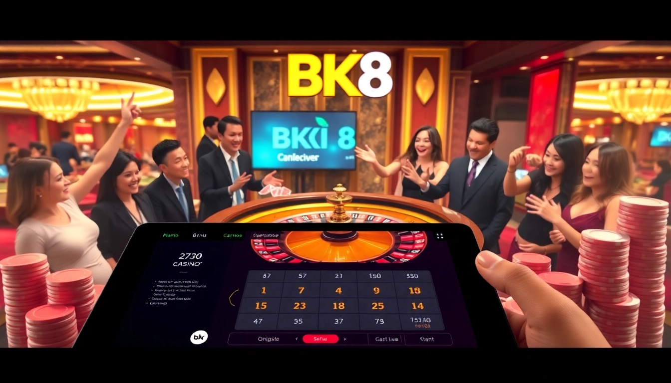 BK8 vibrant casino scene showcasing roulette and poker action