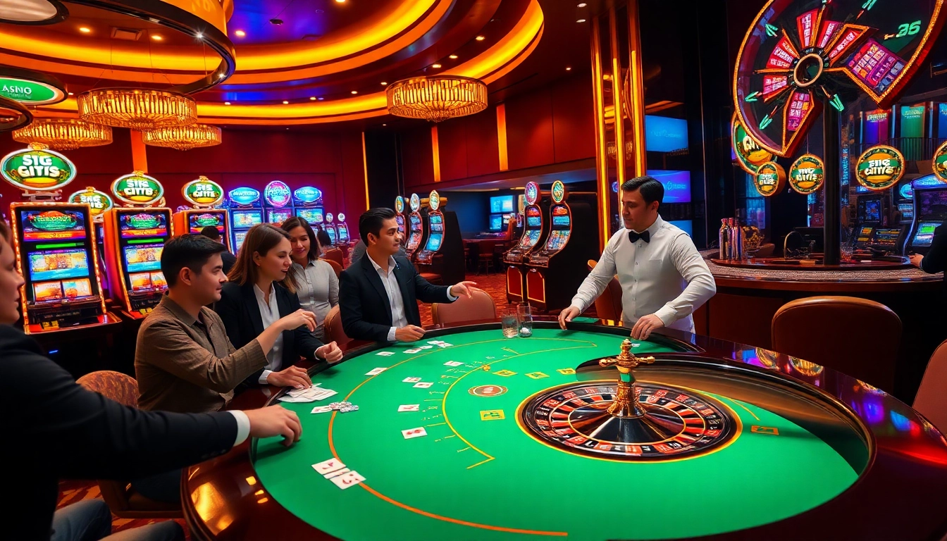 S8 Casino scene featuring players at poker table, vibrant slot machines, and a spinning roulette wheel