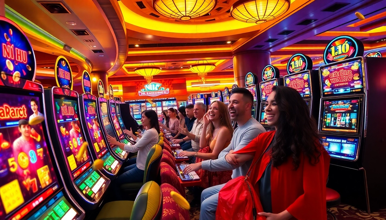 Nổ hũ slot machines with players enjoying a winning moment in a vibrant casino setting.